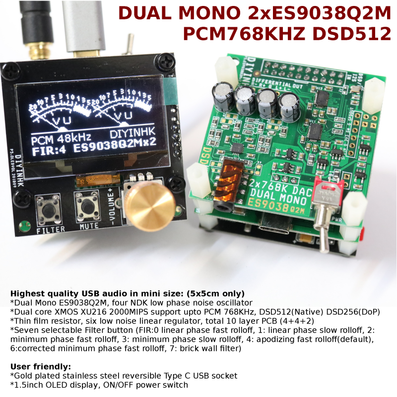 Dual Mono ES9038Q2M XMOS DSD DXD 768khz USB Audio DAC with Bit-perfect volume control